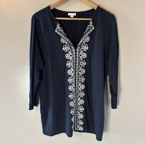 J. Jill Embroidered Tunic Top Navy White 3/4 Sleeve Shirt Sz Large